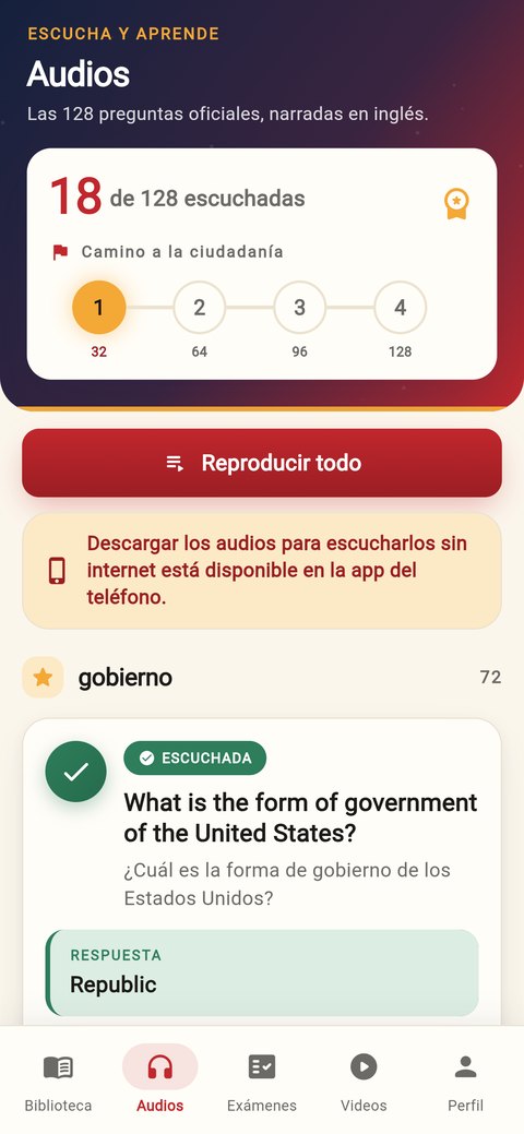 Pantalla de audios de la app, con las 128 preguntas narradas en inglés