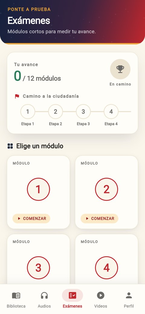 Pantalla de exámenes de práctica de la app